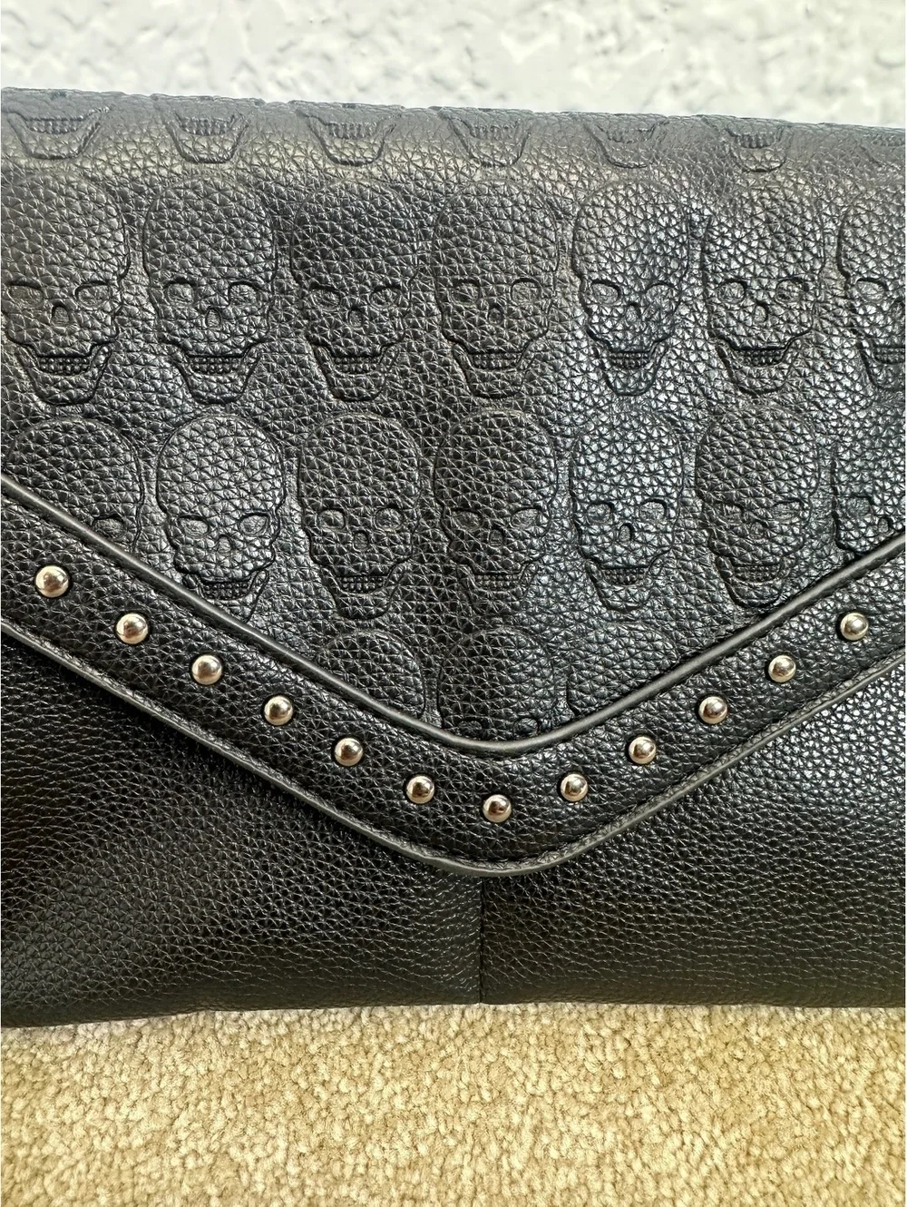 Black Embossed Skull Envelope Clutch Studded PU Leather Handbag Shoulder Strap